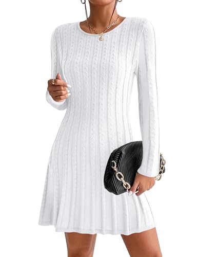 Hotouch Strickkleid Damen Rundhals Strickpullover Kleid Elegant Tunika Pullikleid Winterkleid Sweater A-Linie Minikleid Weiß S