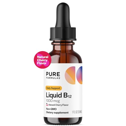 PureFormulas Liquid B12 1000 mcg - Natural Cherry Flavor B12 Sublingual Drops Potent Daily Support for Energy & Wellness - Non-GMO Allergen-Free - 1 fl. Oz.
