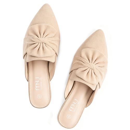 Image of MUSSHOE Pointed Toe Women's Bow Mules: Slip On Backless Loafers - Dressy Casual Flat Shoes for Office Work & Everyday Wear