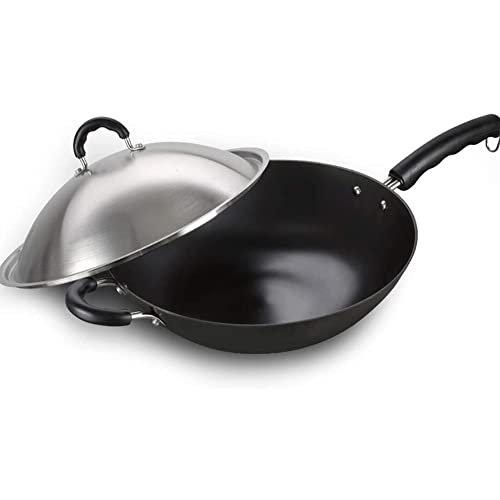 MNSSRN Cast Iron Wok with Lid, Household Pan Steak Omelette Pan Black Silicone Hot Handle Suitable for All Stoves, Stir Fry Wok