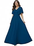 KOH KOH Womens Short Sleeve Ruffle Elegant Modest Dressy Wedding Guest Prom Bridesmaid Cocktail Party Flowy Long Tall Formal Maxi Dress Dresses Gown Gowns, Capri Blue L 12-14