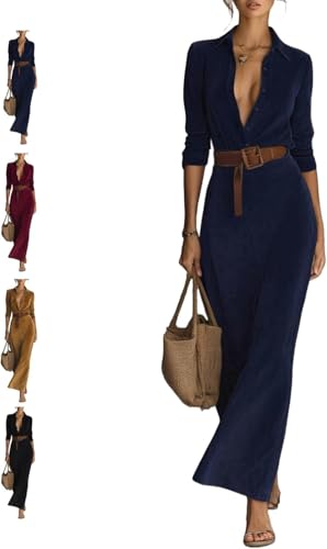 Vestido largo de ante sintético con cinturón para mujer, con solapa, elegante, medio botón, ajustado, con cinturón, para otoño informal, azul marino, M