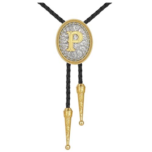 Image of HUABOLA CALYN Bolo tie for Men, Western Cowboy Golden Alphabet Initial Letter ABCDJMR to Y Costume Bolo ties Neckties
