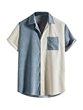 Verdusa Men's Color Block Button Up Pocket Shirts V Neck Short Sleeve Tops Blue and White Large