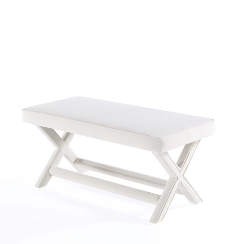 Manhattan Comfort Abigail Double Ottoman Bench Upholstered in Velvet Fabric, Luxurious Accent Vanity Stool with Stylish X-Crossed Legs, Solid Wood Frame, Plush Piped Cushion, Fully Assembled, Cream by Manhattan Comfort - Used condition - Image 5