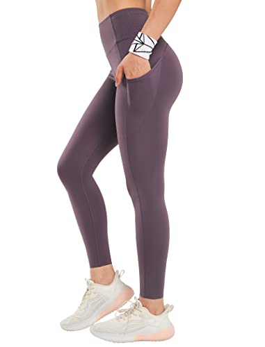 Yvette Leggings with Pockets for Women Tummy Control High Waist Non See-Through Workout Running Tights Buttery Soft, Purple