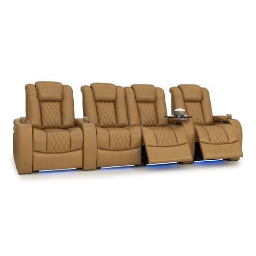 Image of Seatcraft Diamante Tan Oak Italian Leather Home Theater Seating, Zero Gravity Power Recliner Gaming and Home Office Chair, Powered Headrest Lounge Sofa Furniture Cinema Room, Row of 4 Middle Loveseats