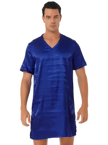 HULIJA Camisón de satén para hombre, manga corta, cuello en V, pijama, ropa de dormir, azul cobalto, M