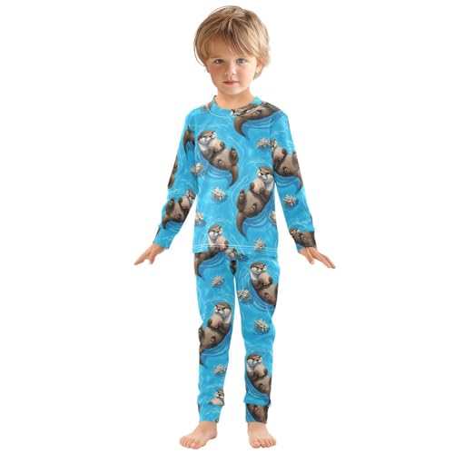 Pajama Sets Long Sleeve Otter Holding Shell Water Soft Comfy Sleepwear 2 Piece PJS 3-8T2