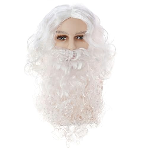 Maripabon Santa Claus Wig and Beard Xmas Costume Wig Accessory Long White Jesus Wizard Beard and Wig Set Reusable Fake Beard Men Women Dress Up for Christmas Party Halloween Cosplay