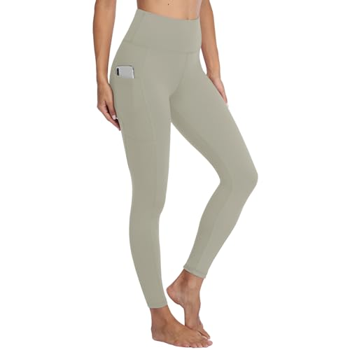 Gayhay Leggings Damen High Waist Sport Leggins mit Taschen Blickdicht Sporthose Lang Hose Bauchweg Laufhose für Sport Yoga Gym Hell Braun L-XL