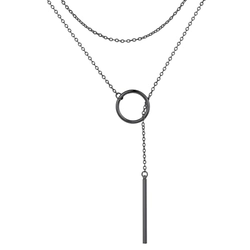 ChainsPro Halskette Damen Lariat Lange Halskette mit Anhänger Stab/Herz 73/80cm Y-Halskette Collier Edelstahl/18k vergoldet/schwarz Modeschmuck Accessoire für V-Ausschnitt Pullover Kleid