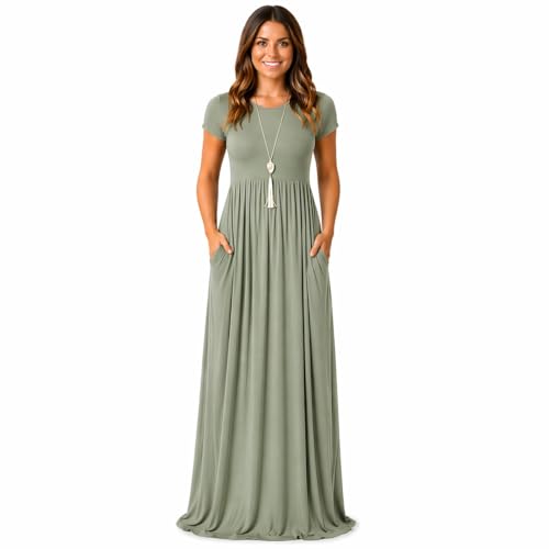 Image of AUOMITH Women's 2026 Summer Short Sleeve Empire High Waist Long Maxi Dress with Pockets
