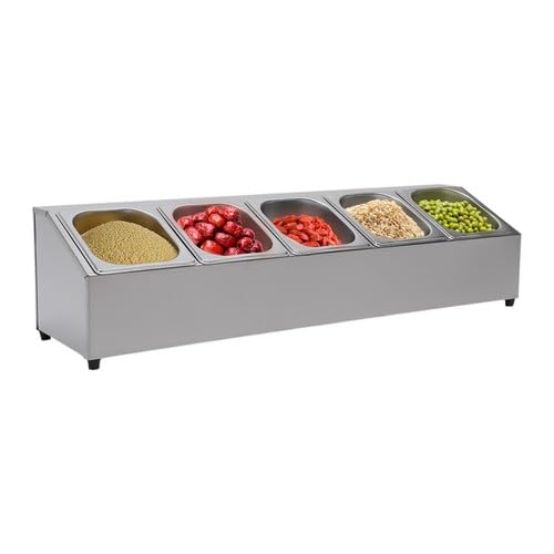Zutatenbehälter Edelstahl mit 5 Behältern und Deckel, Gastronorm Gestell Gastrobehälter,Zutatenbehälter Beilagenbehälter,für Pizza Topping Station, Buffet Zubehör, Küche, Grill, Salatbar