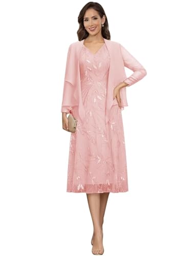 Image of 2 Pieces Mother of Bride Dresses with Jackets - Sequin Lace Chiffon A-Line Tea Length Formal Evening Dresses for Women
