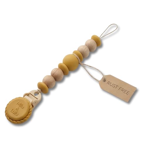 Image of Silicone Pacifier Clip - Metal-Free, Rust-Free, 100% Food-Grade Silicone and Natural Beech Wood, Secure Pacifier Holder for Babies - Sun - Mila & Lulu