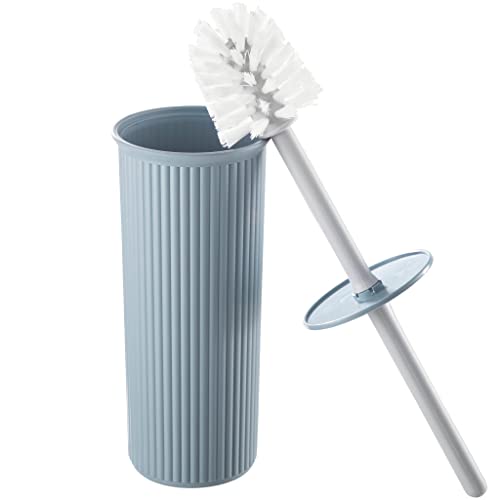 Image of Superio Ribbed Collection Toilet Bowl Brush and Holder Set, Decorative Plastic Bathroom Toilet Brush with Holder, Toilet Cleaner Scrubber, Stone Blue - 1 Pack