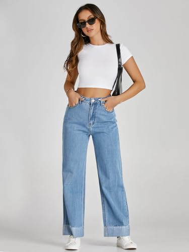 Cicy Bell Womens High Waisted Boyfriend Jeans Cuffed Raw Straight Leg Baggy Denim Pants with Pockets4
