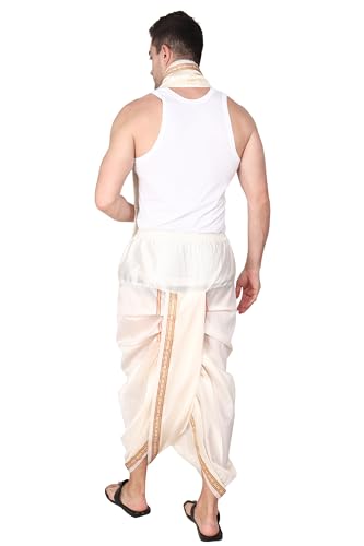 Rameshwaram Fabrics Men's Silk Ready to Wear Dhoti for men (Readymade Dhoti Pant with Dupatta), Suitable with Kurta, Free Size