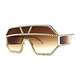 Fully Blinged Out Rhinestone Flat Top Mob Rimless Racer Sunglasses Gold Brown