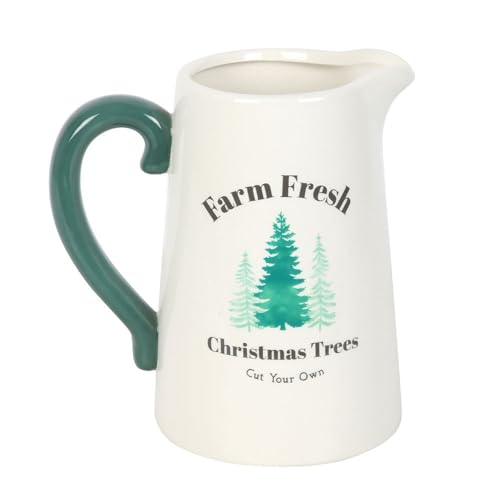 Image of Farm Fresh Christmas Trees Ceramic Flower Jug – Rustic Farmhouse Design, Perfect for Seasonal Blooms, Stylish Handle for Holiday Décor