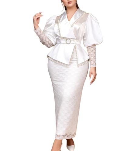 Image of ONTINVA Women's Floral Lace Long Sleeve Patchwork Mesh Slim Pencil Midi Dress