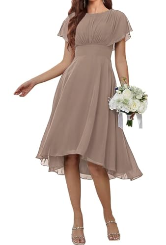 WSEYU Robes à manches courtes pour mère de la mariée et du marié, col rond, formelles, de soirée, pour grand-mère, mi-longues, taupe, 42