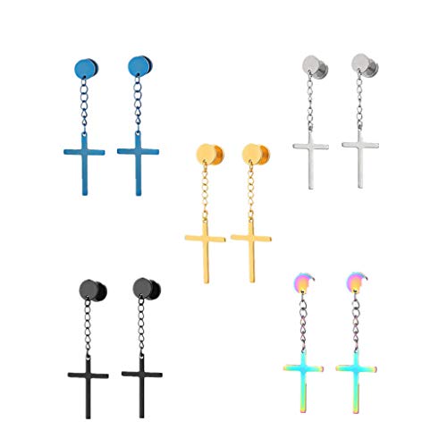 Religious Cross Drop Dangle Tassel Earrings Set Of 5, 5 Pair Stainless Steel Circle Screw Stud Earrings With Dangle Cross For Men Women #TOP12