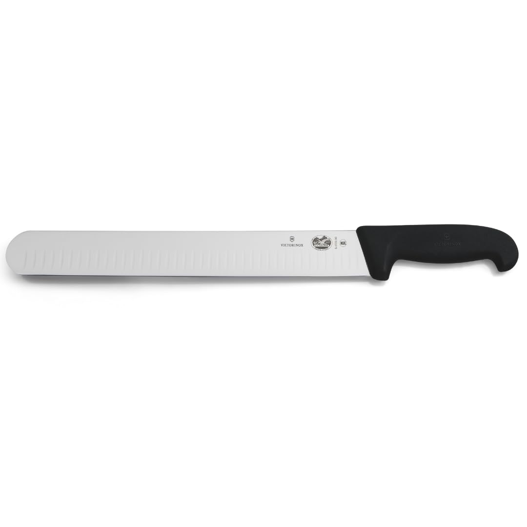 Victorinox Fibrox, Coltello Prosciutto con Lama Alveolata, Coltello da Cucina Affilato per Carne e Prosciutto, 30 cm, Lama Dritta, Acciaio Inossidabile, Nero