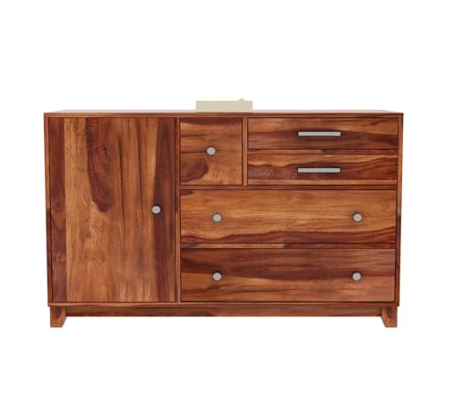 Image of Solid Sheesham Wood Sideboard Cabinet Storage with 2 Door & 4 Drawer Wooden Storage Organizer Cabinet for Home Kitchen Living Room Bedroom Hallway Dinning | Natural Honey Finish | Pre-Assembled