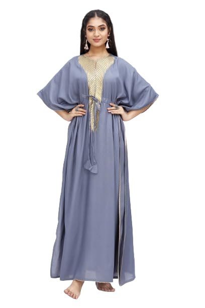 Women Zari Golden Work Kaftan Woman Pure, Rayon Kaftan Ladies Caftan Kurti Tops Free Size V Neck Women Night Combo Casual Maxi 01