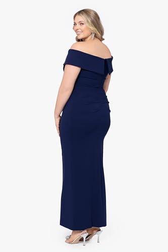 Image of Xscape Women's Plus Size Off Shoulder Straight Neck Evening Gown with Foldover Cuff, Side Ruffle, Leg Slit, Fitted Formal Dress, Navy, 14W