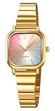 HUNRUY Orologio da donna ultra sottile con quadrante arcobaleno sfumato dorato cassa quadrata e cinturino movimento al quarzo, Oro, Moda