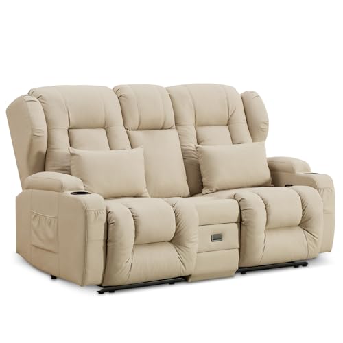 Image of IPKIG 67 inch RV Loveseat Double Recliner Sofa with FILP Back Console, Storage Drawer, Side Pockets, Lychee Pattern Tech Fabric Manual Reclining Chair Home Theater Seating (Beige)