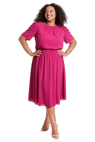 Image of London Times Women's Caterpillar Puff Sleeve Midi Dress - Gathered Waist A-Line Flowy Summer Dress