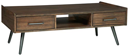 Signature Design by Ashley Calmoni Mid-Century Rectangular Coffee Table with Open Cubby and 2 Storage Drawers, Brown