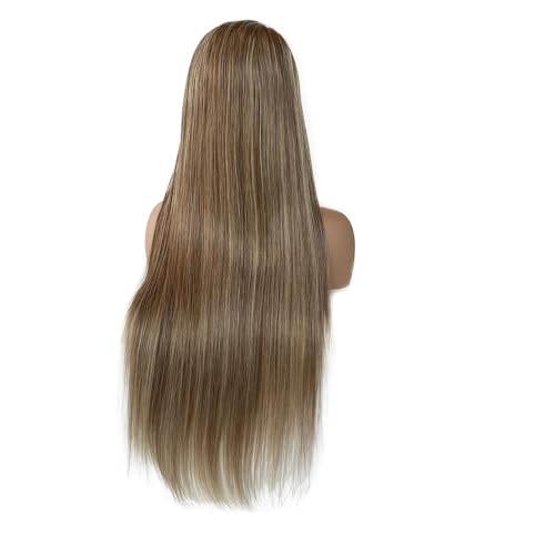 Image of Ombre Brown Highlights Human Hair Lace Front Wig for White Women Balayage Lace Frontal Pre Plucked Glueless Wigs with Brown Roots 22 Inch 13x6 Deep Parting Real Remy Wig 180% Density Tiny Knots