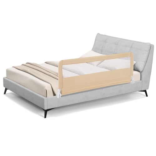 COSTWAY 150 cm Sponda da Letto per Bambini, Barra Protettiva Pieghevole per Letto con Copertura Removibile, Rete Traspirante, Barriera Universale Abbattibile, 150 x 55 cm (Beige)