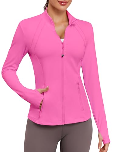 VUTRU Women Zip Up Athletic Jacket Crop Workout Cardigan Warm Coat with Thumb Holes for Yoga Gym Running Travel Pink XL