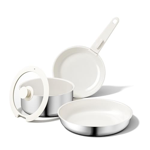 5-Teiliges Antihaft Keramik Pfannenset mit Abnehmbarem Griff, 3-Schichtiger Edelstahl Topf Set-PTFE/PFAS/PFOA frei, Töpfe Induktion… – Ansicht 1