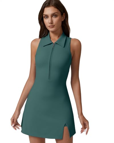 Image of QINSEN Womens Zip Front Tennis Dress Polo Collar Racer Back Workout Golf Dresses Build in Shorts with Pockets
