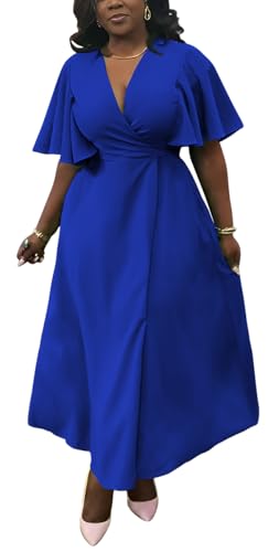 Image of Summer Dresses for Women Semi-Formal Fit Casual Short Ruffle Sleeve V Neck Elegant Swing Split Long Maxi Dresses