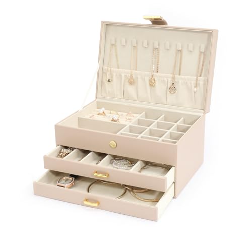 V-LAFUY Jewelry Box, 3-Tier with 2 Drawers, Beige, Modern, Women's