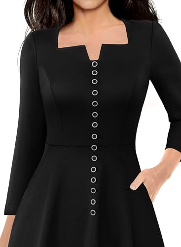 VFSHOW Womens Business Buttons Work Office Square Neck Notch A-Line Church Pockets Fit and Flare Dress3