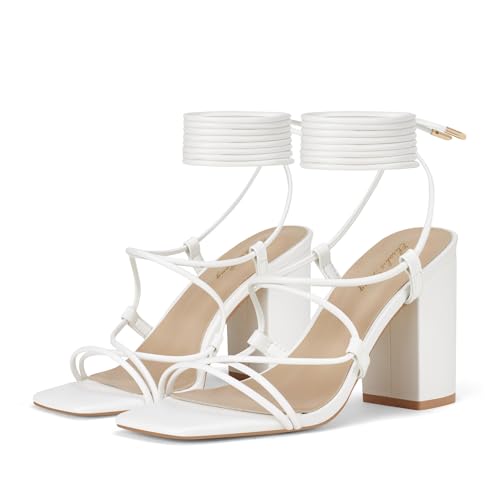 Elisabet Tang Square Toe Strappy Chunky Heels Sandals, 3 inch Women's Lace Up Low Block Heels Ankle Wrap Heels Square Open Toe Tie Up Heeled Sandals for Wedding Dress Shoes White 7