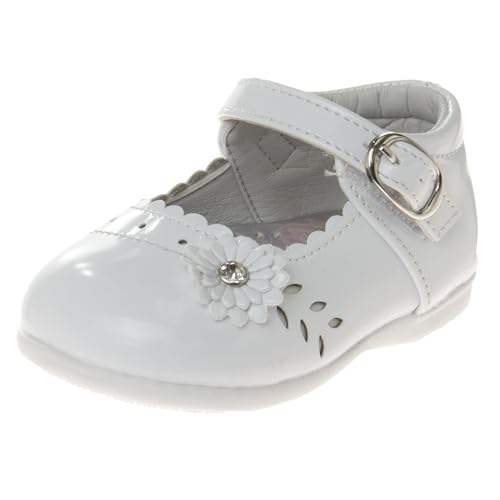 Josmo Baby Girls Mary Jane Flats Slipon - Newborn Infant Formal Dress Shoes School Uniform - White Patent (Size 7 Toddler)