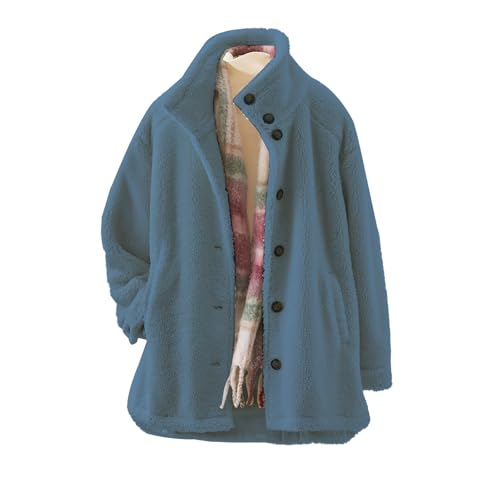 Chaqueta de forro polar mullido para mujer, de gran tamaño, manga larga, con botones, cuello alto, abrigo de sherpa, casual, cálido, color sólido, acogedor, mullido, abrigo para mujer con bolsillos