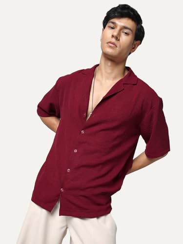 Image of Urbano Fashion Men's Cotton Half Sleeve Relaxed Fit Textured Shirt with Cuban Collar