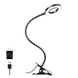 Woputne Desk Clip on Lamp for Reading Home Office, with 5V 2A Adapter, 10 Dimmable Brightness 3 Modes, Clamp Reading Light for Bed Headboard, Craft (Black)…