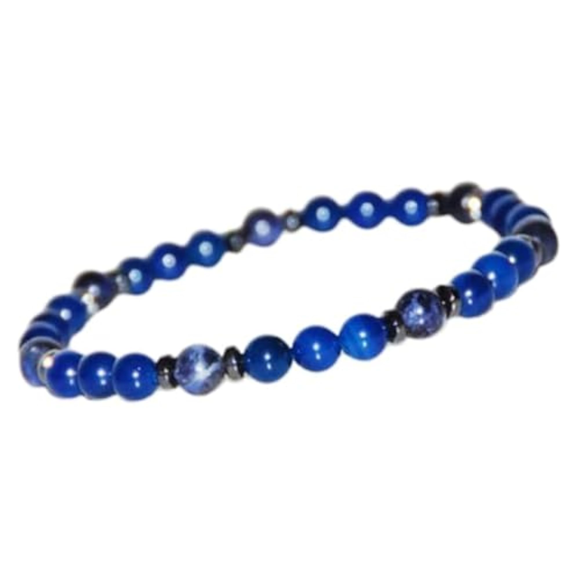 Natural Blue Agate, Sodalite & Hematite 8mm Smooth Cut Beads Gemstone Stretch Bracelet